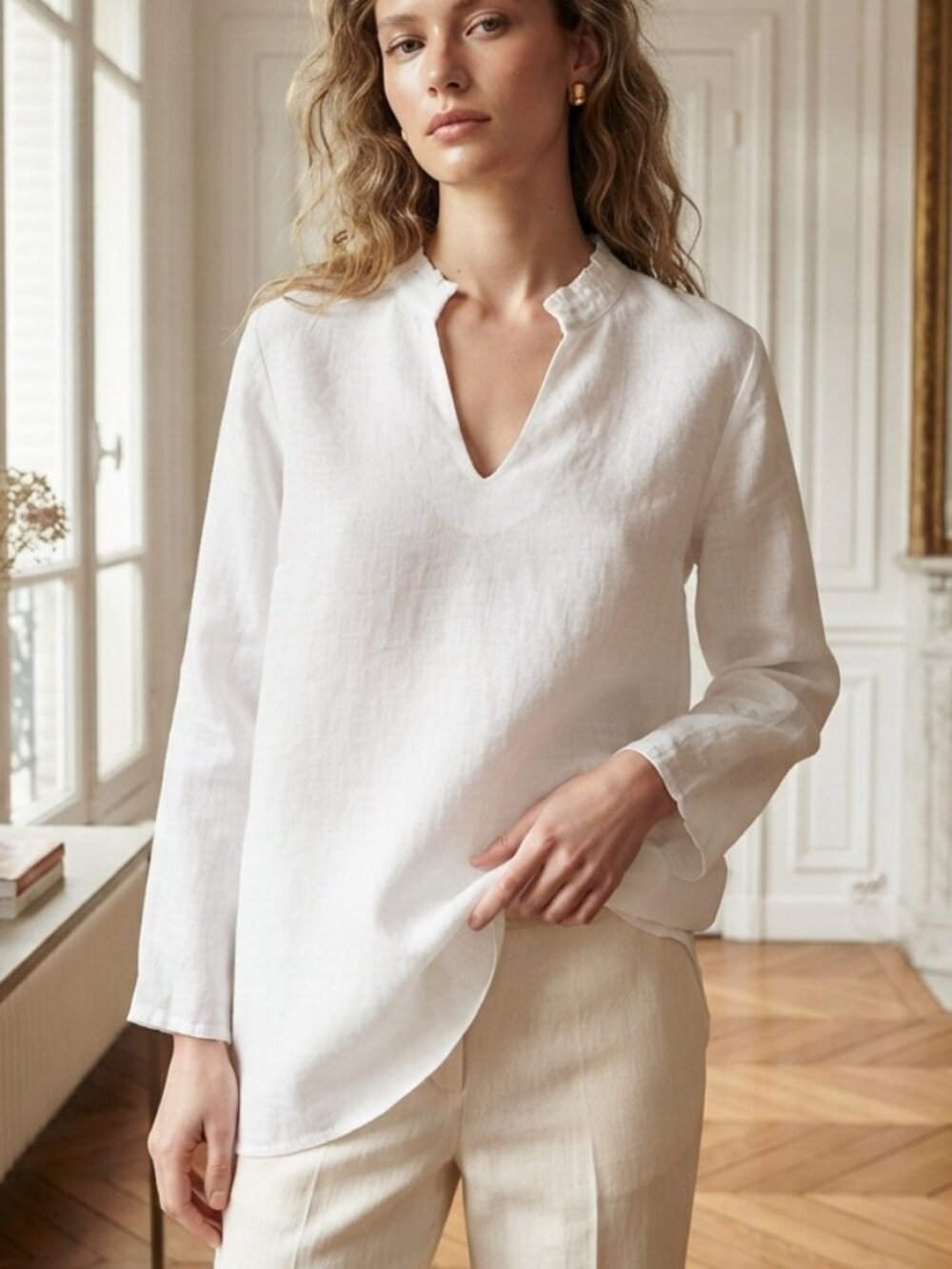 Rosemarine White 100% Linen V-Neck Tunic Top Size Large